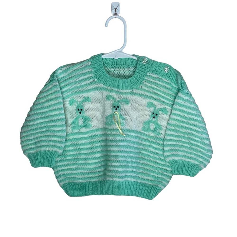 vtg Hand Knitted Baby Sweater Bunny Mint Green White Striped Easter 6-12 months?